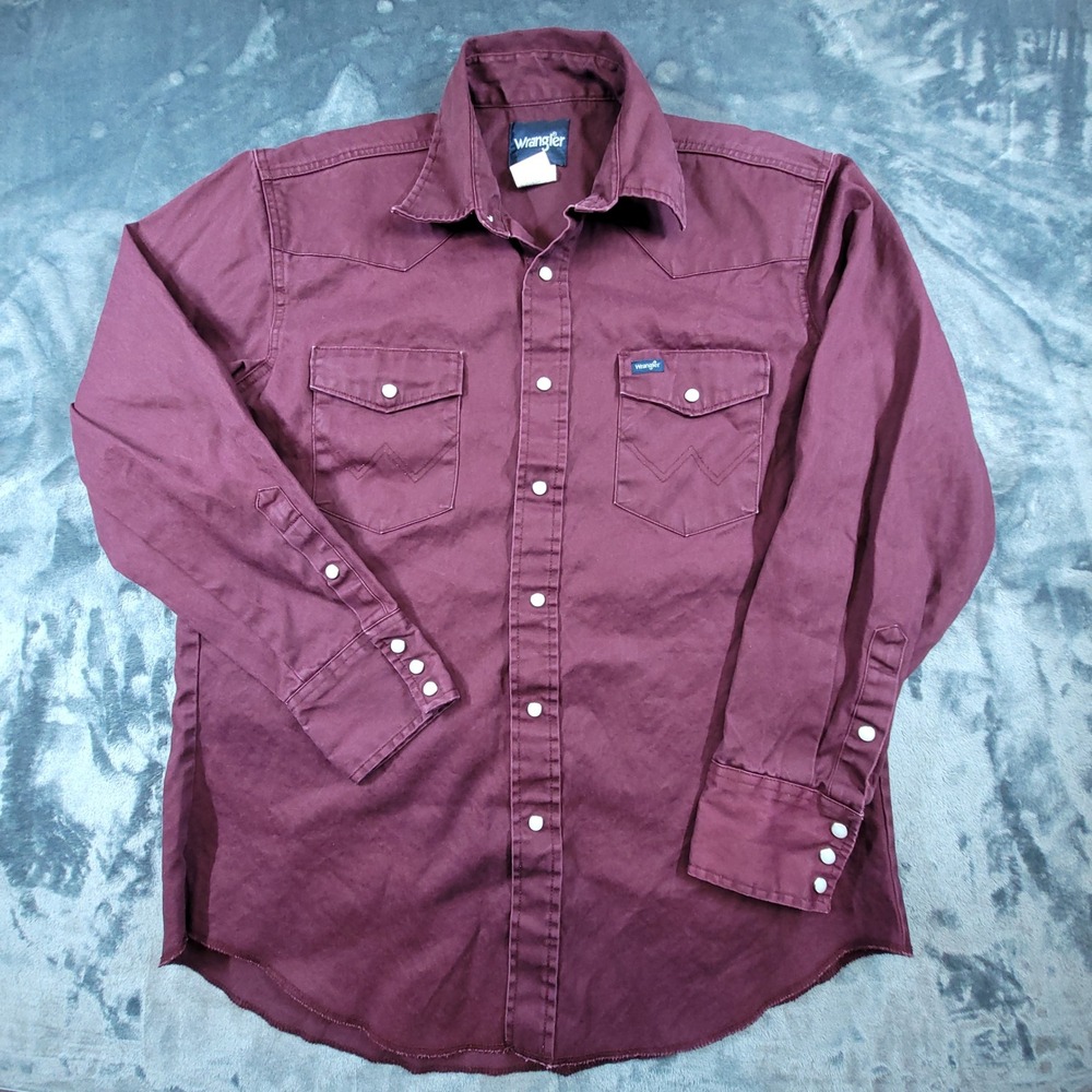 Wrangler Mens Western Pearl Snap Shirt Burgundy Maroon Cotton Twill Large